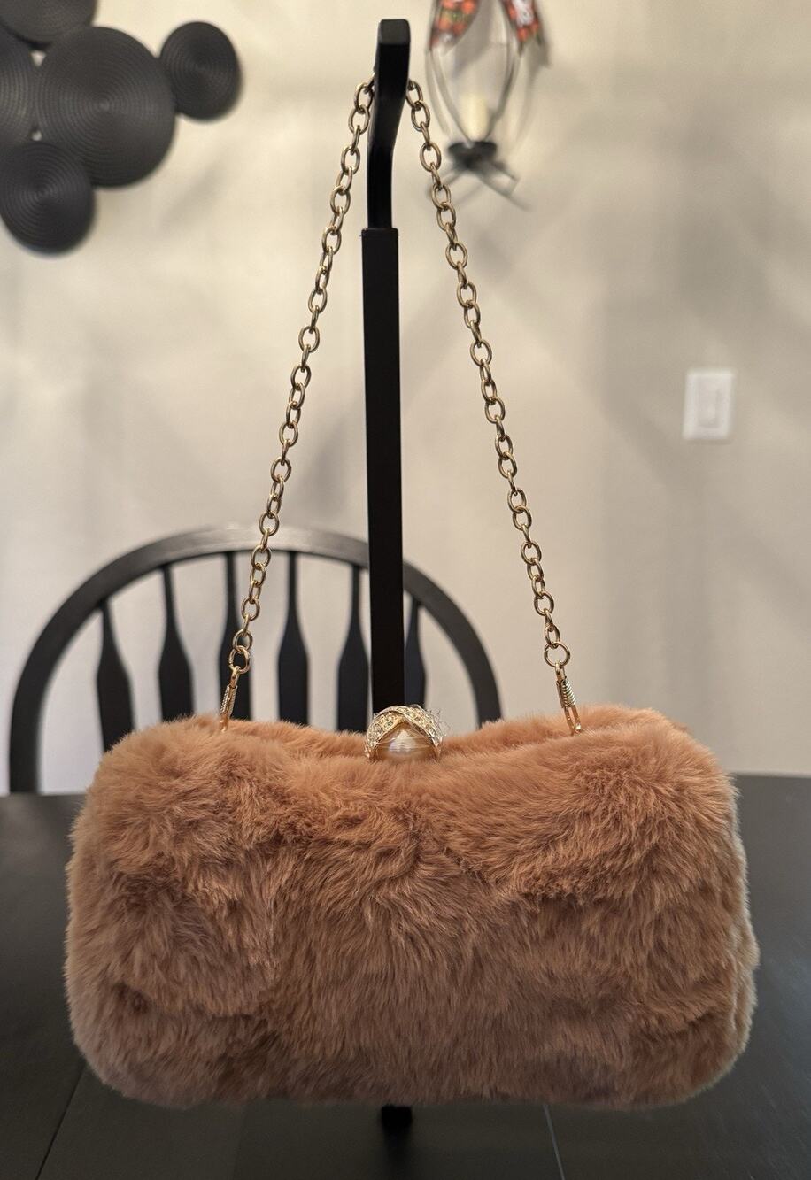 VEROIRE Faux Fur Evening Clutch Bag Brown Plush Chain Crossbody NIB Dustbag